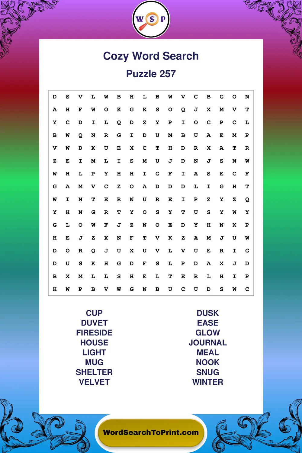 Cozy Word Search Puzzle 257