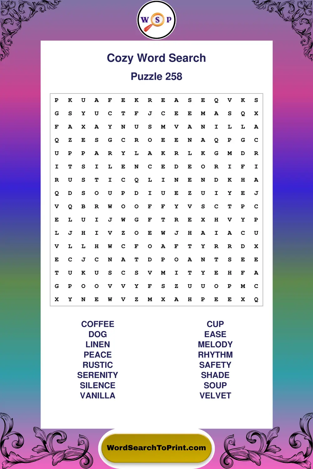 Cozy Word Search Puzzle 258