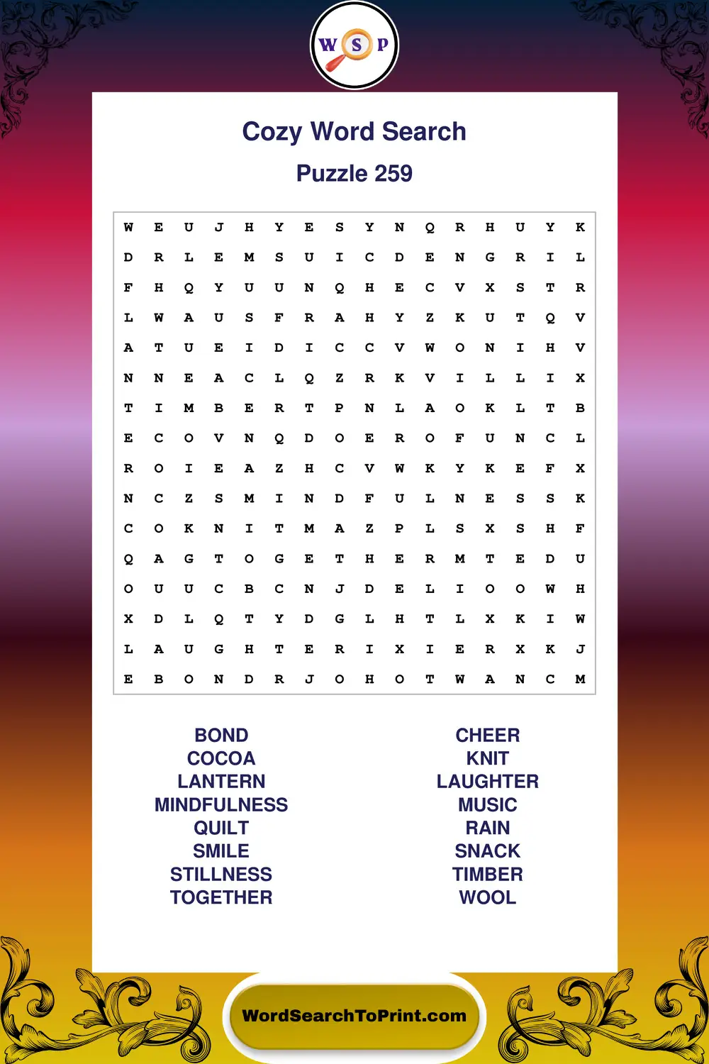 Cozy Word Search Puzzle 259