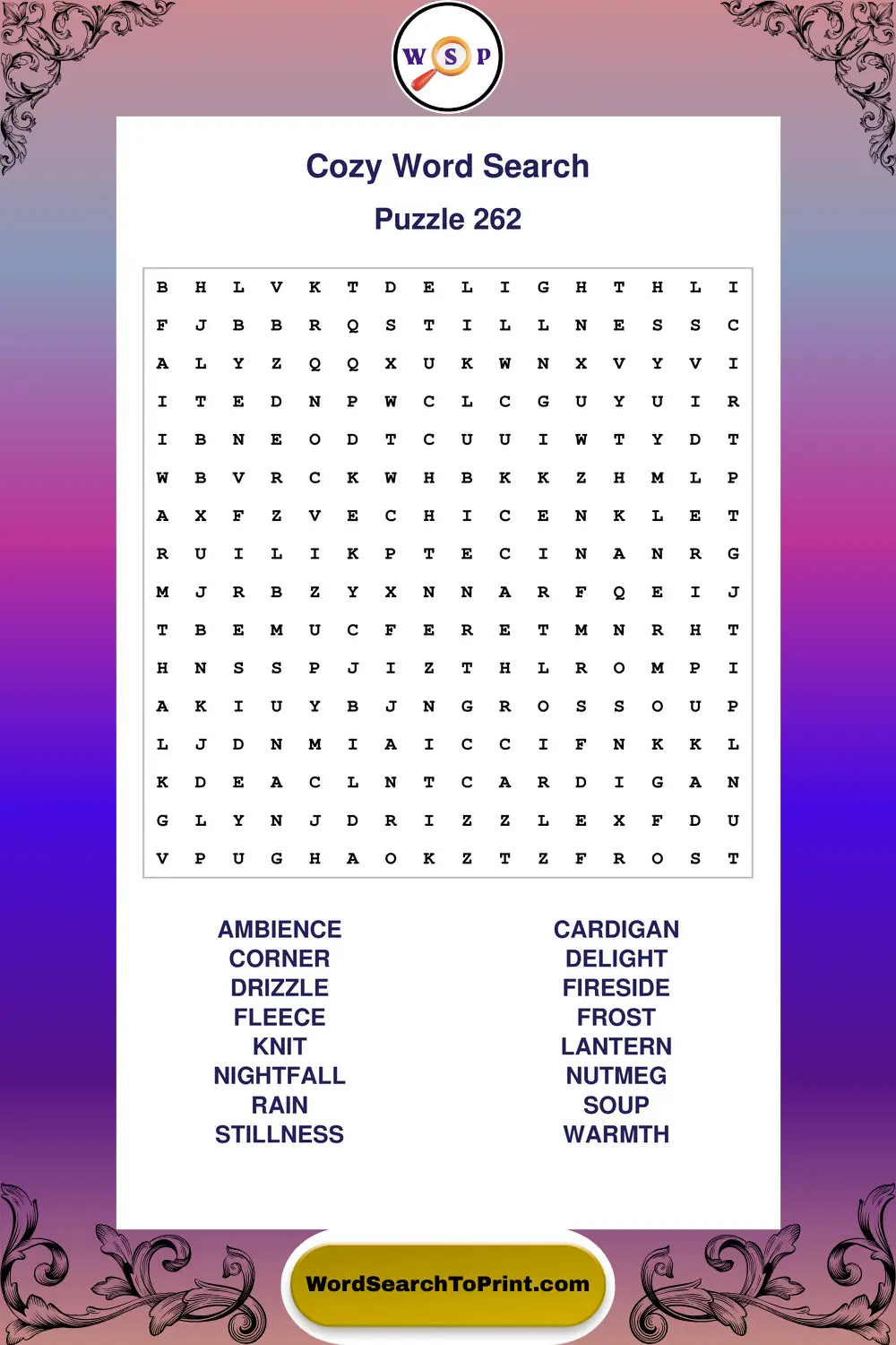 Cozy Word Search Puzzle 262