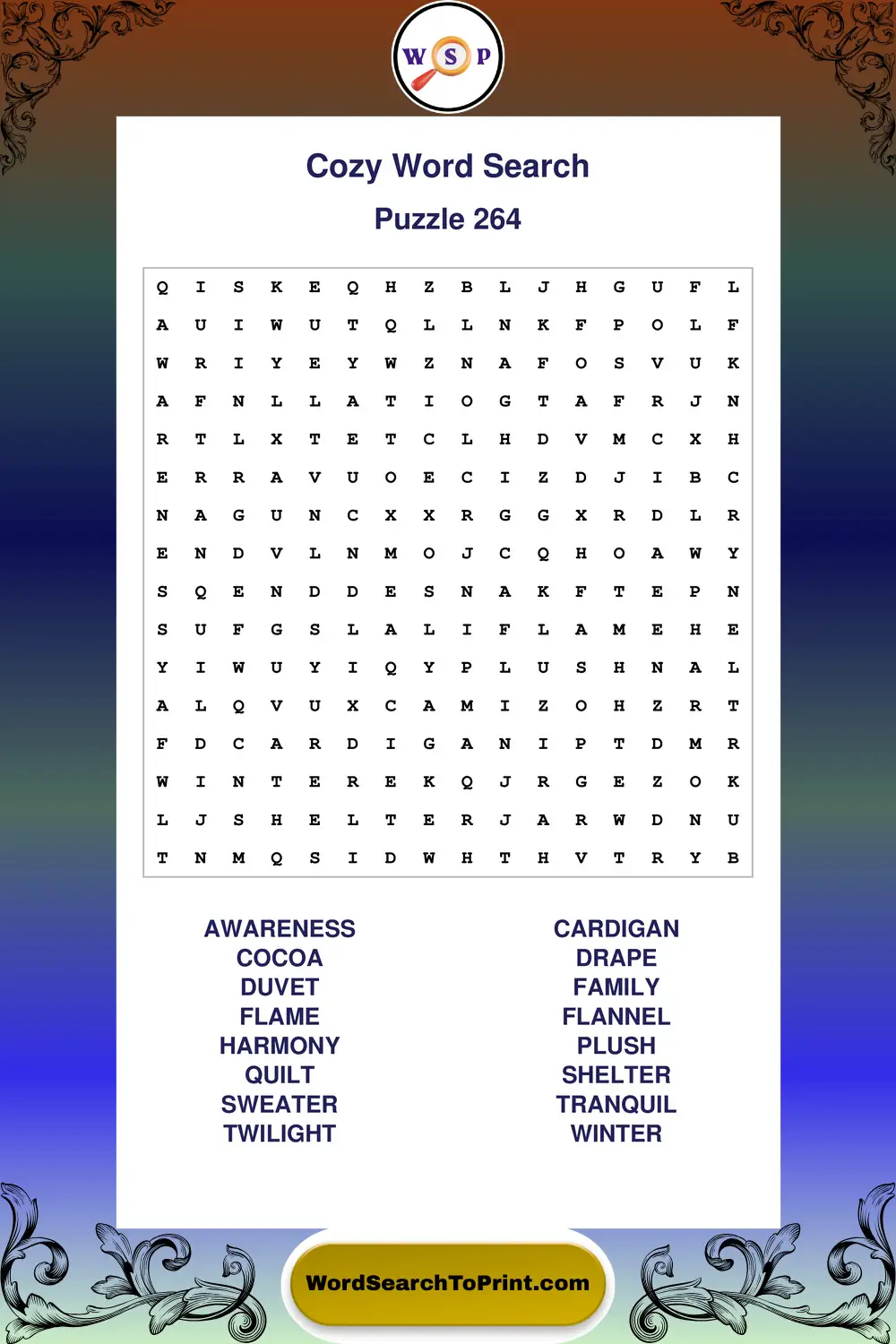 Cozy Word Search Puzzle 264