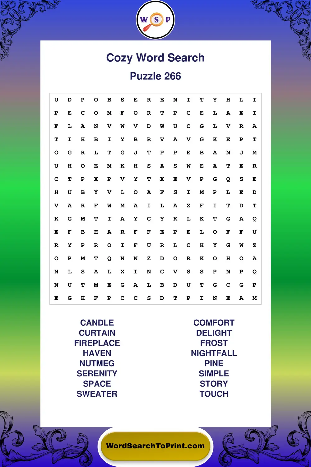 Cozy Word Search Puzzle 266