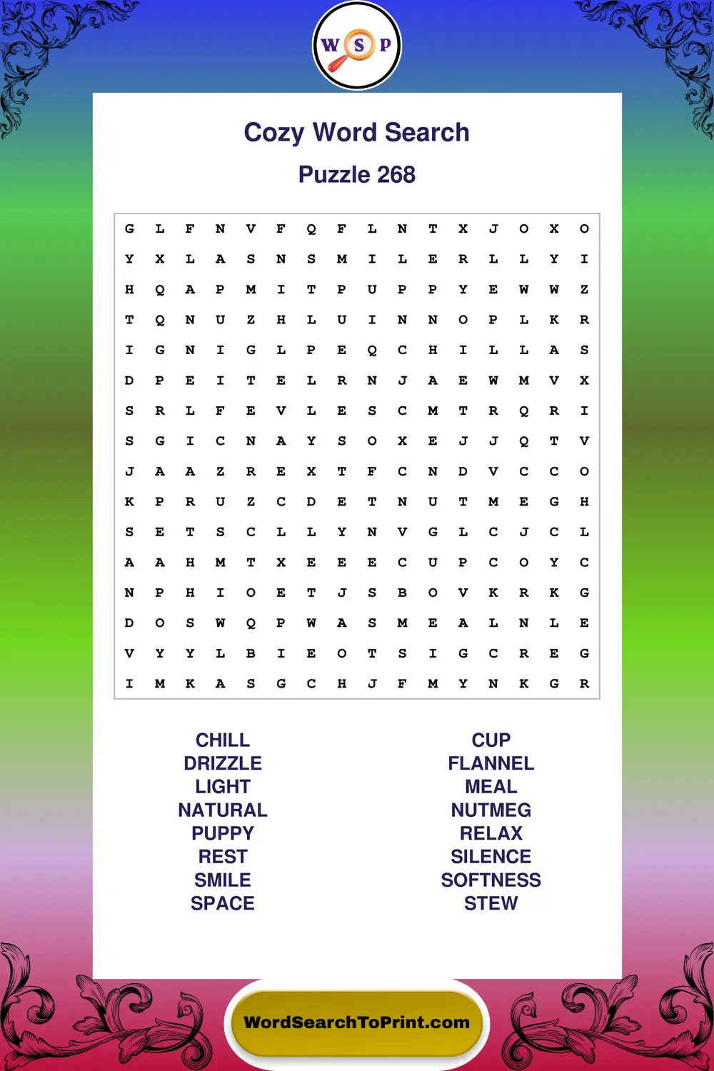 Cozy Word Search Puzzle 268