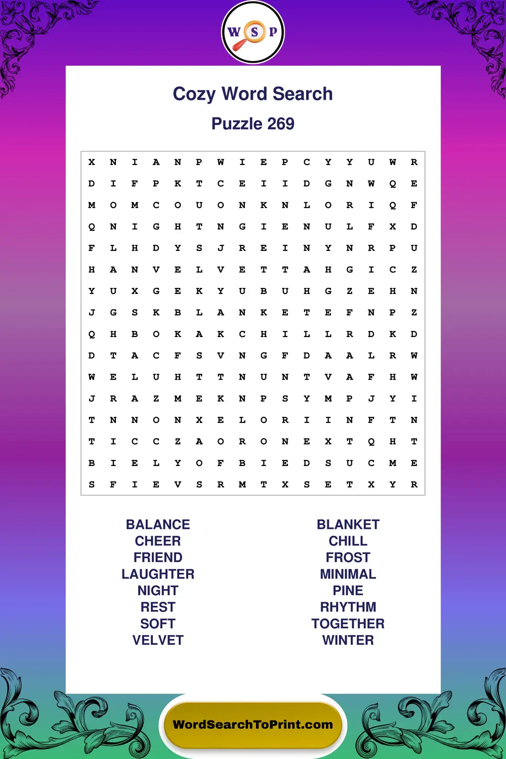 Cozy Word Search Puzzle 269