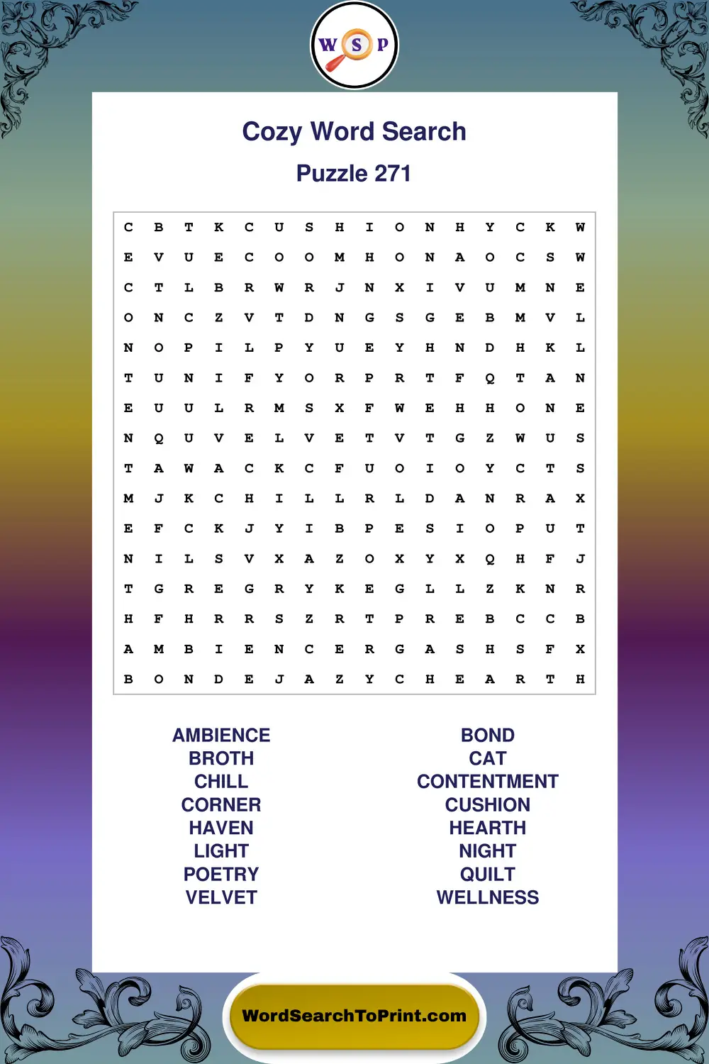 Cozy Word Search Puzzle 271