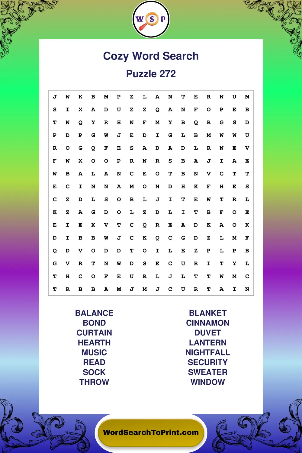 Cozy Word Search Puzzle 272