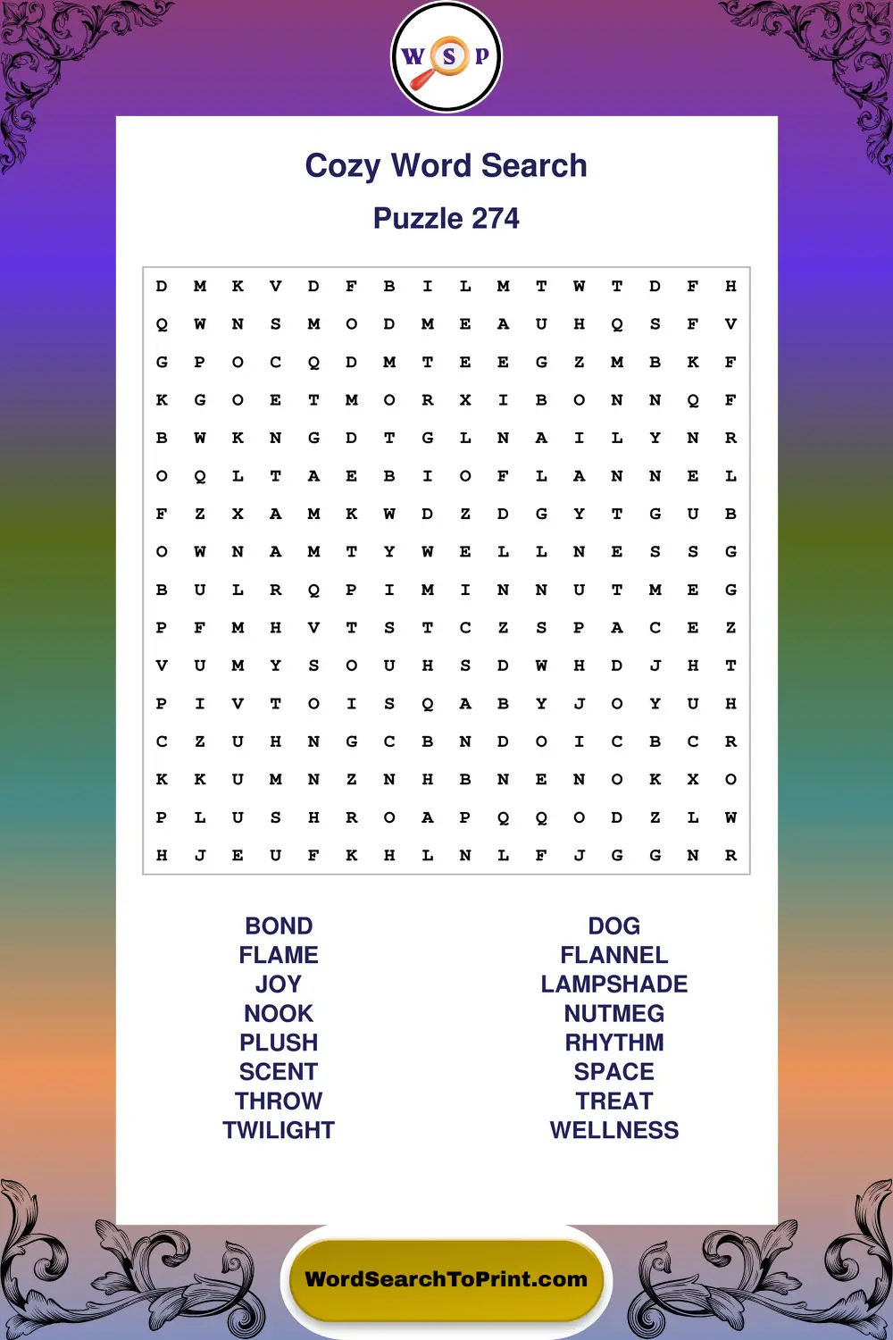 Cozy Word Search Puzzle 274