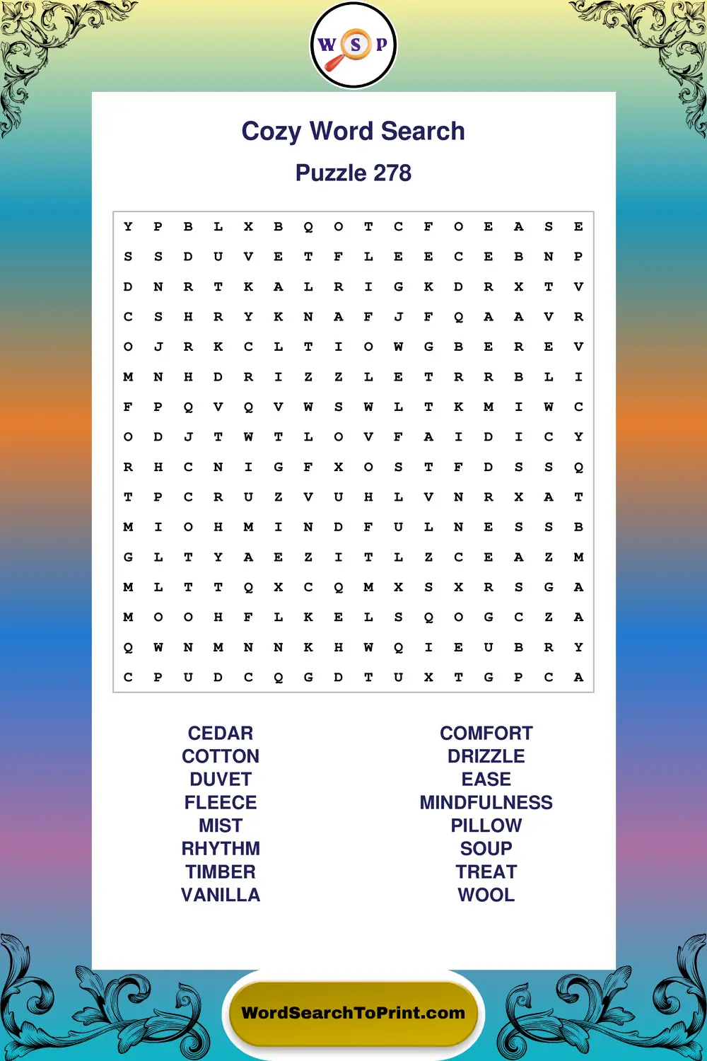 Cozy Word Search Puzzle 278
