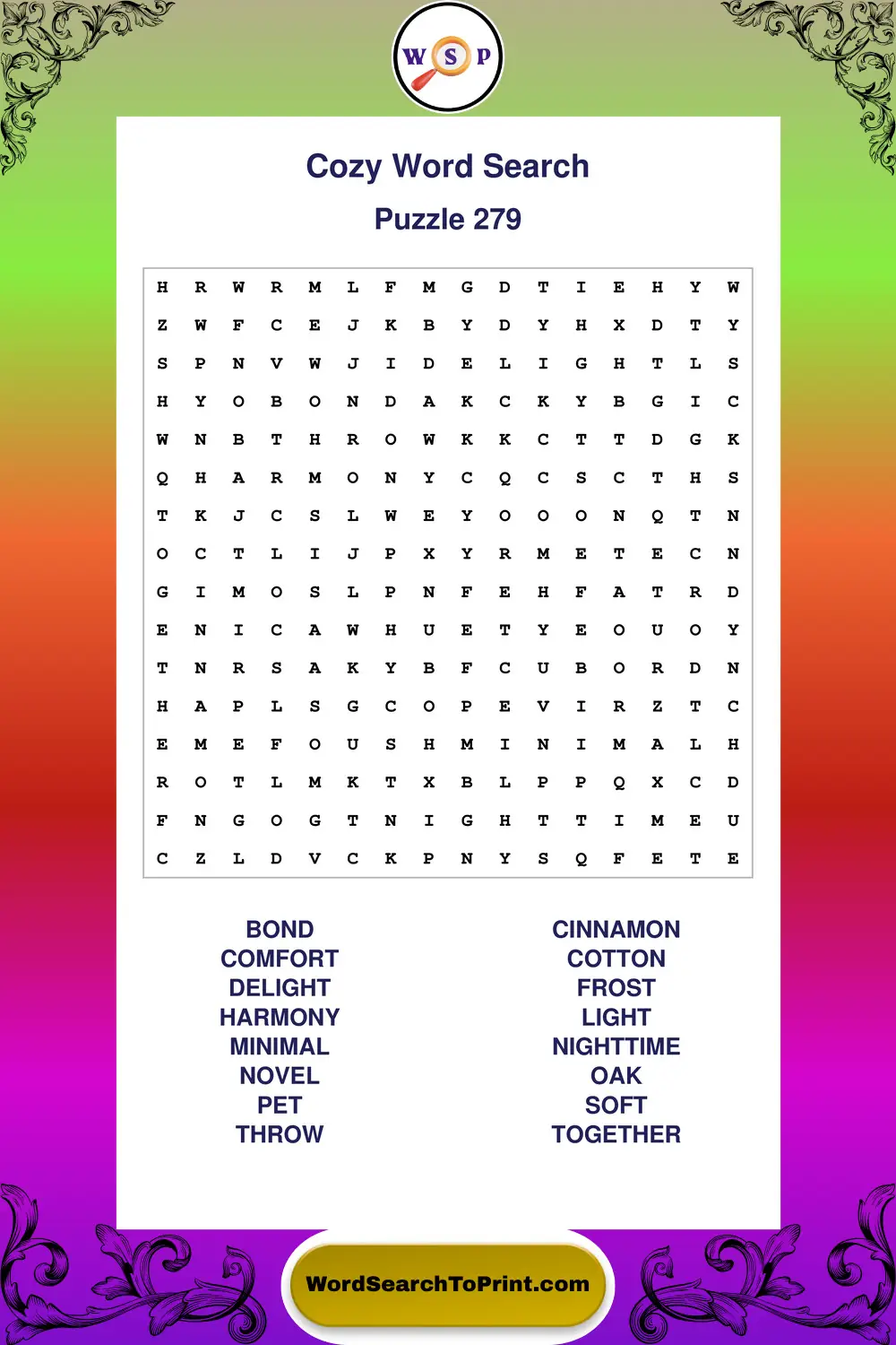 Cozy Word Search Puzzle 279