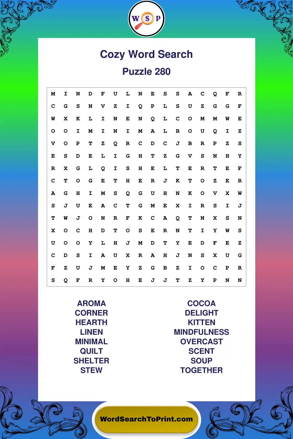 Cozy Word Search Puzzle 280