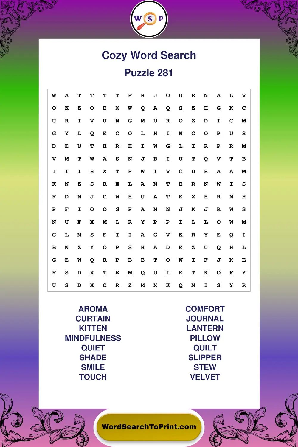 Cozy Word Search Puzzle 281