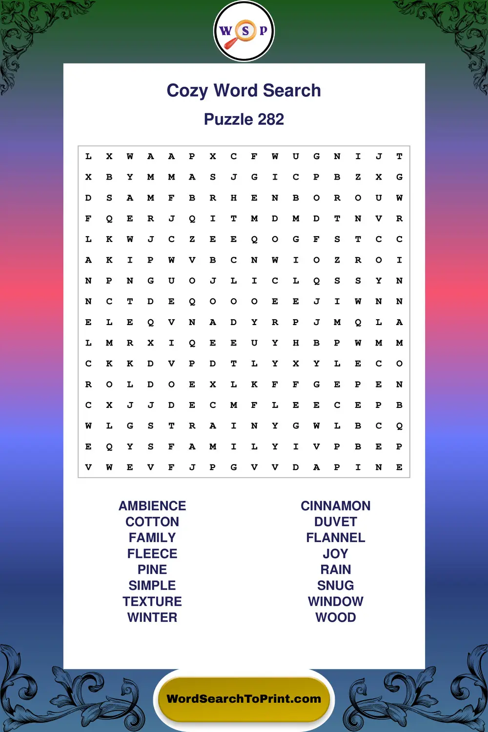 Cozy Word Search Puzzle 282