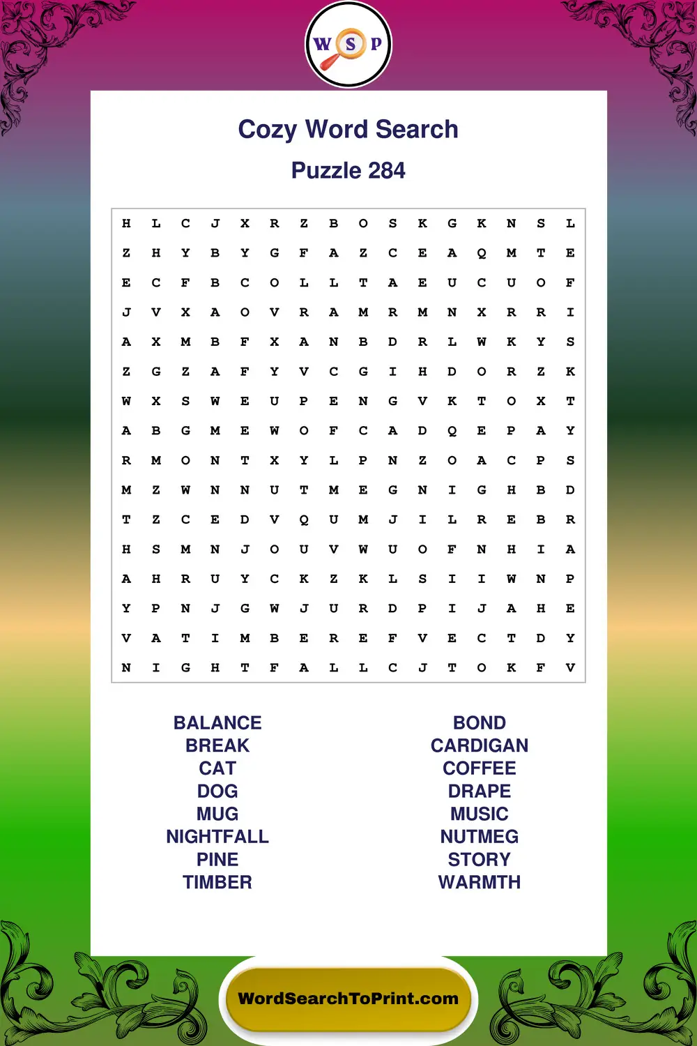 Cozy Word Search Puzzle 284