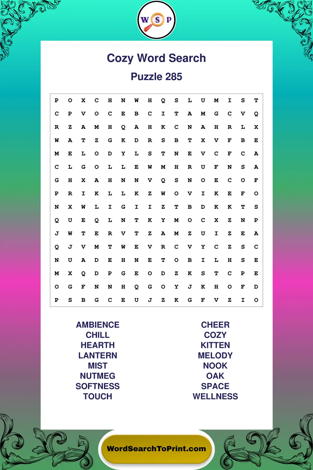 Cozy Word Search Puzzle 285
