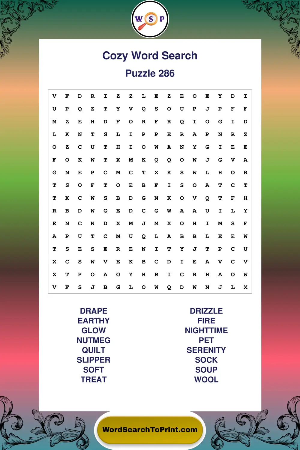 Cozy Word Search Puzzle 286