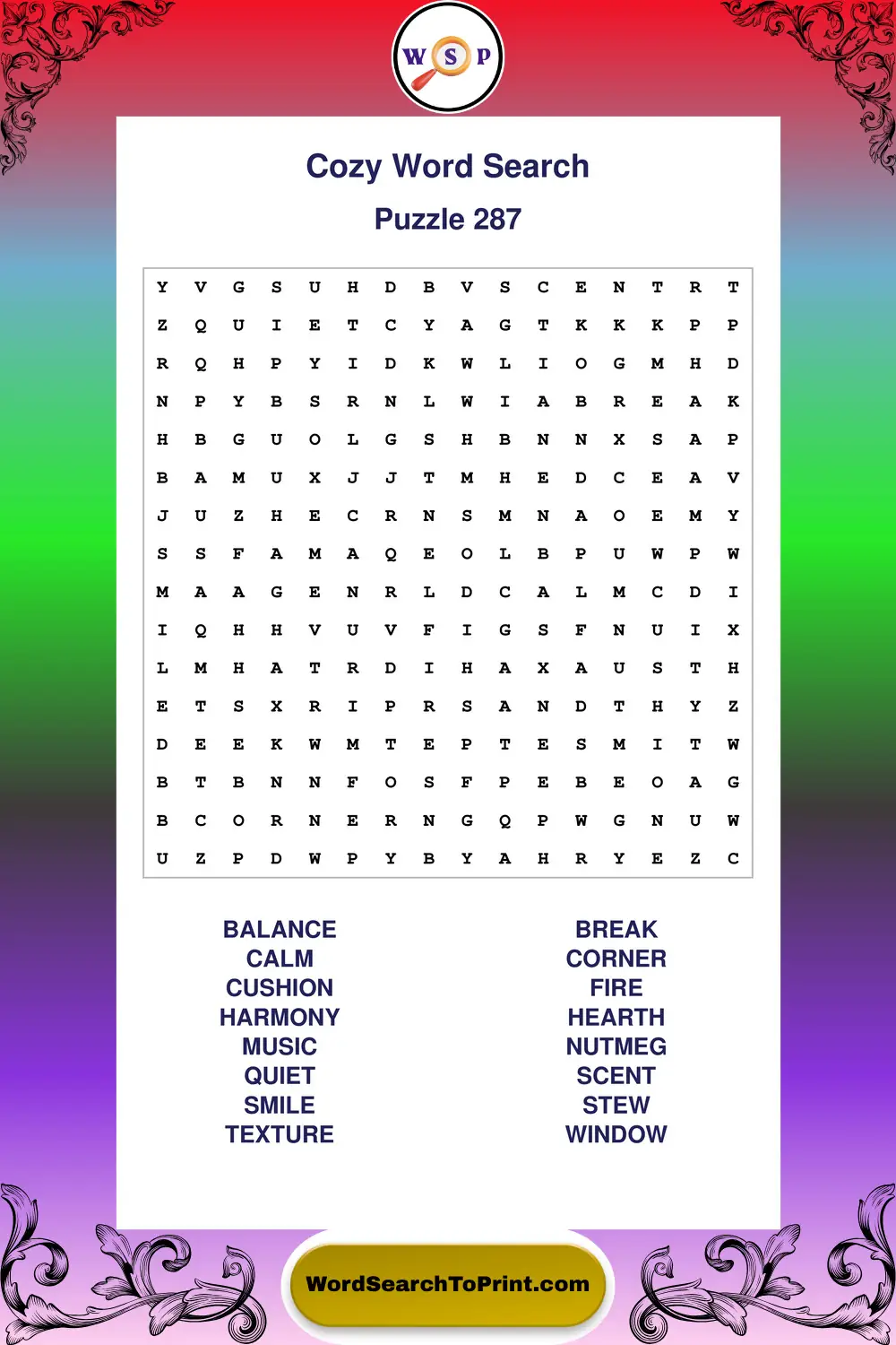 Cozy Word Search Puzzle 287
