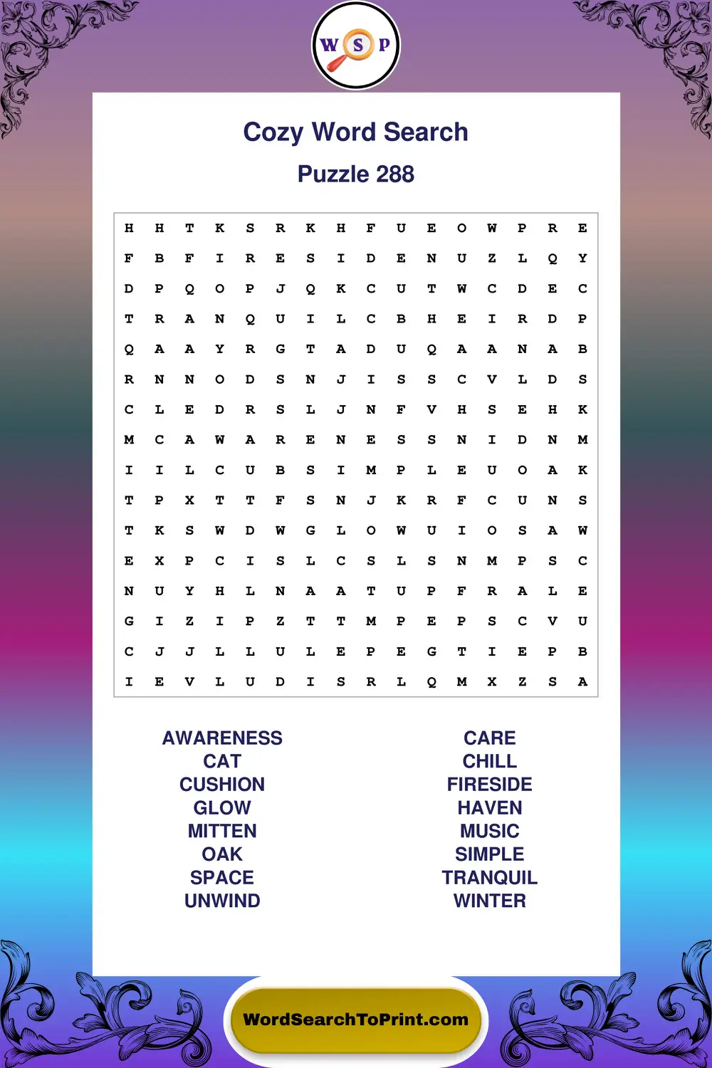 Cozy Word Search Puzzle 288