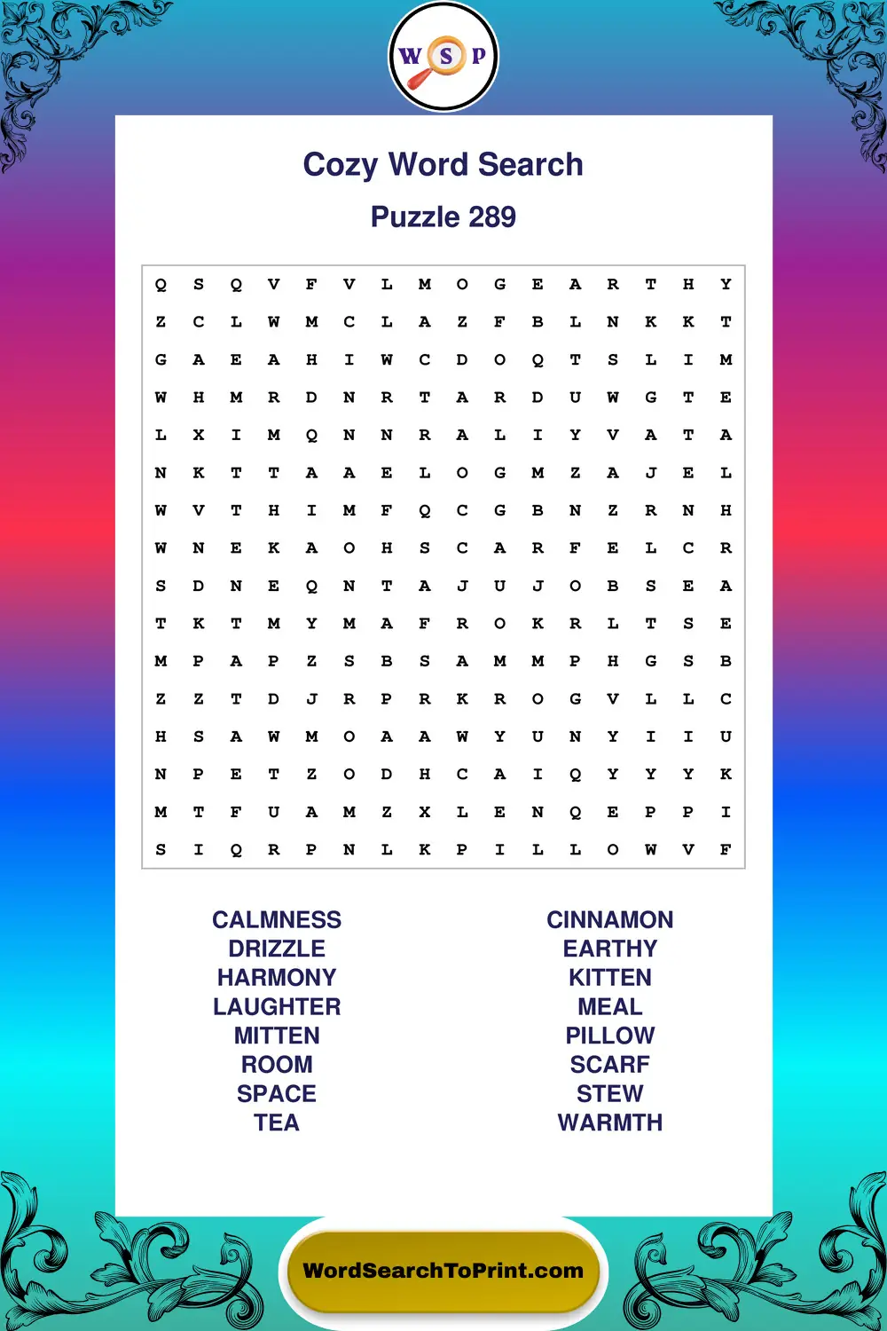 Cozy Word Search Puzzle 289