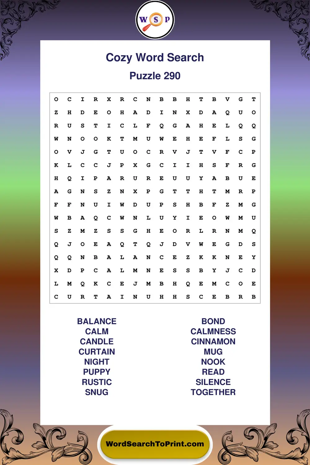 Cozy Word Search Puzzle 290
