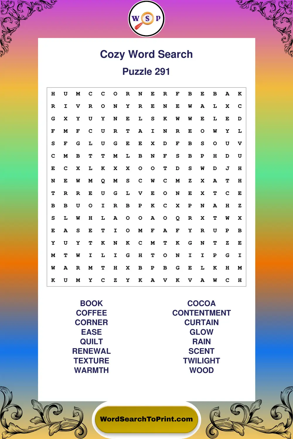 Cozy Word Search Puzzle 291
