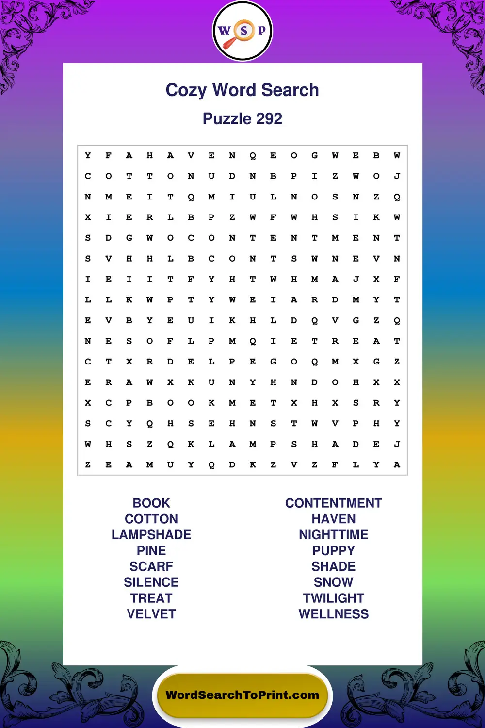 Cozy Word Search Puzzle 292