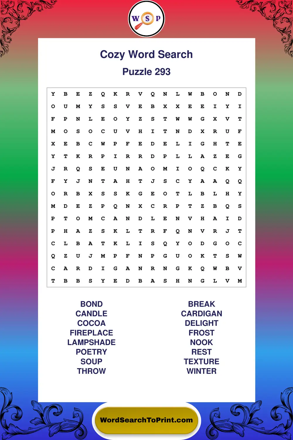 Cozy Word Search Puzzle 293