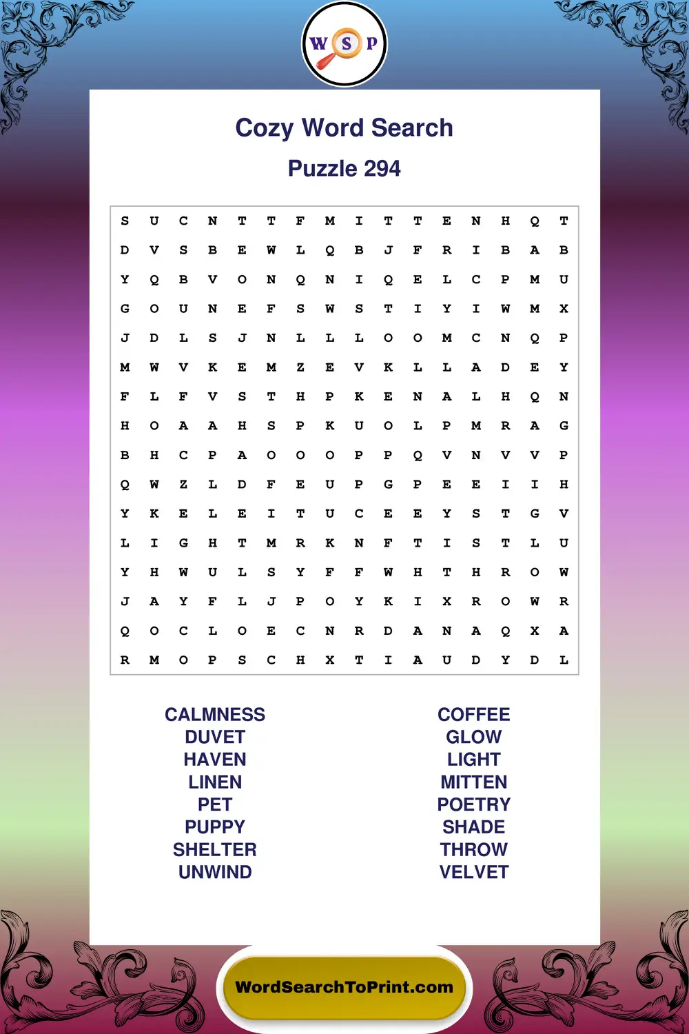 Cozy Word Search Puzzle 294