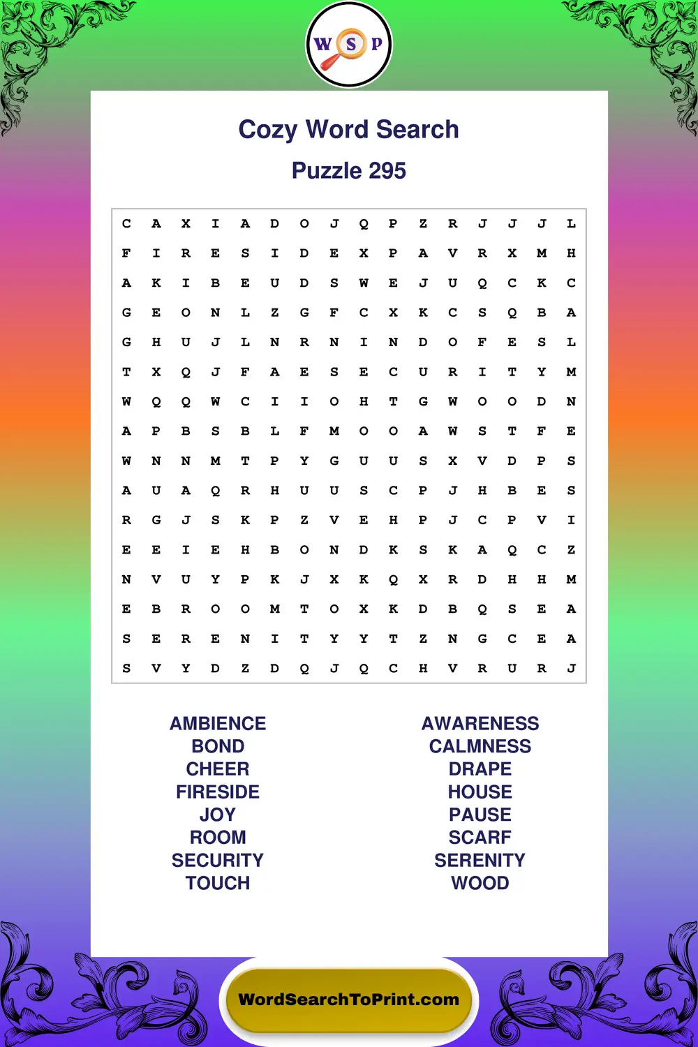Cozy Word Search Puzzle 295