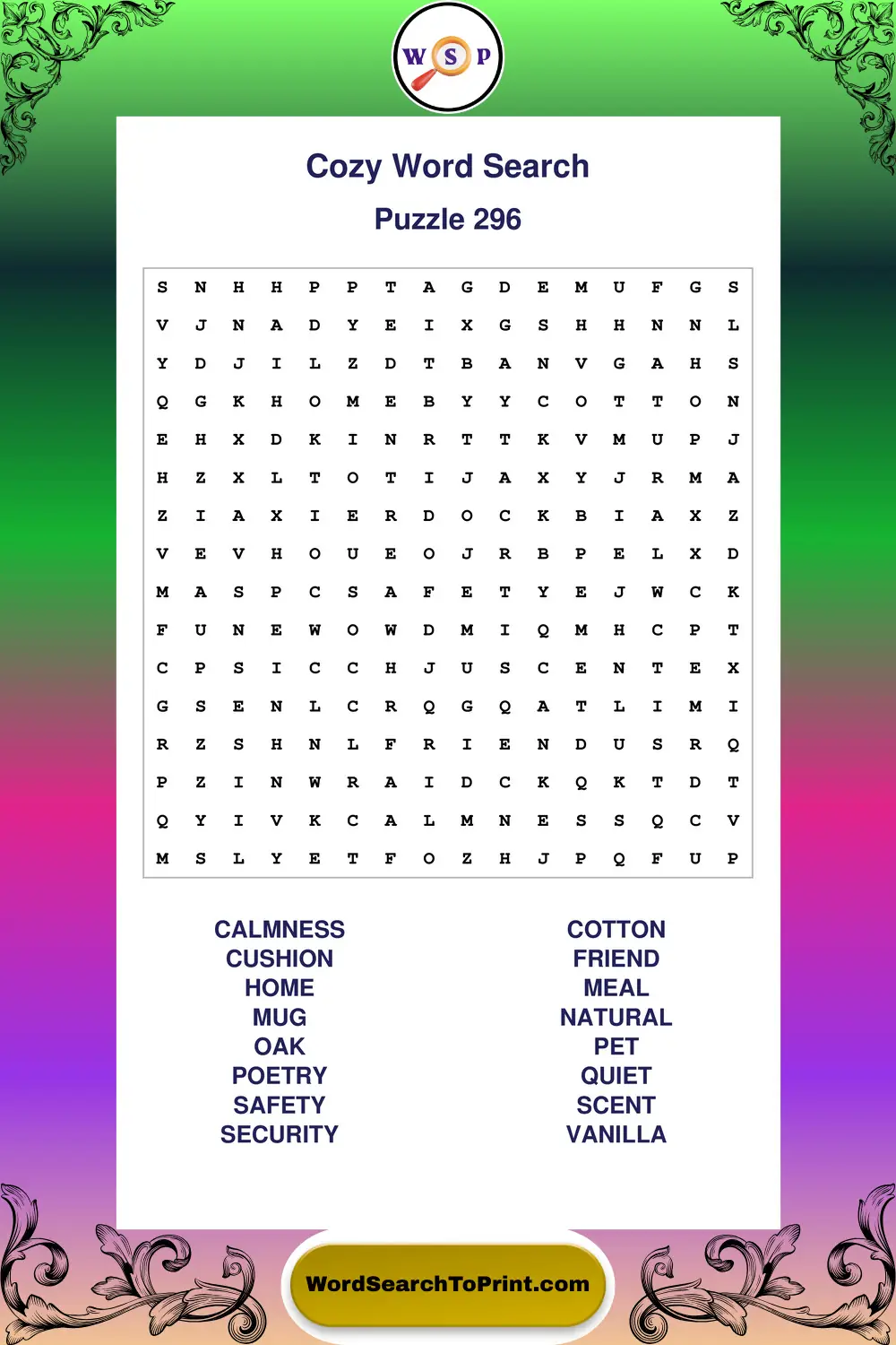 Cozy Word Search Puzzle 296