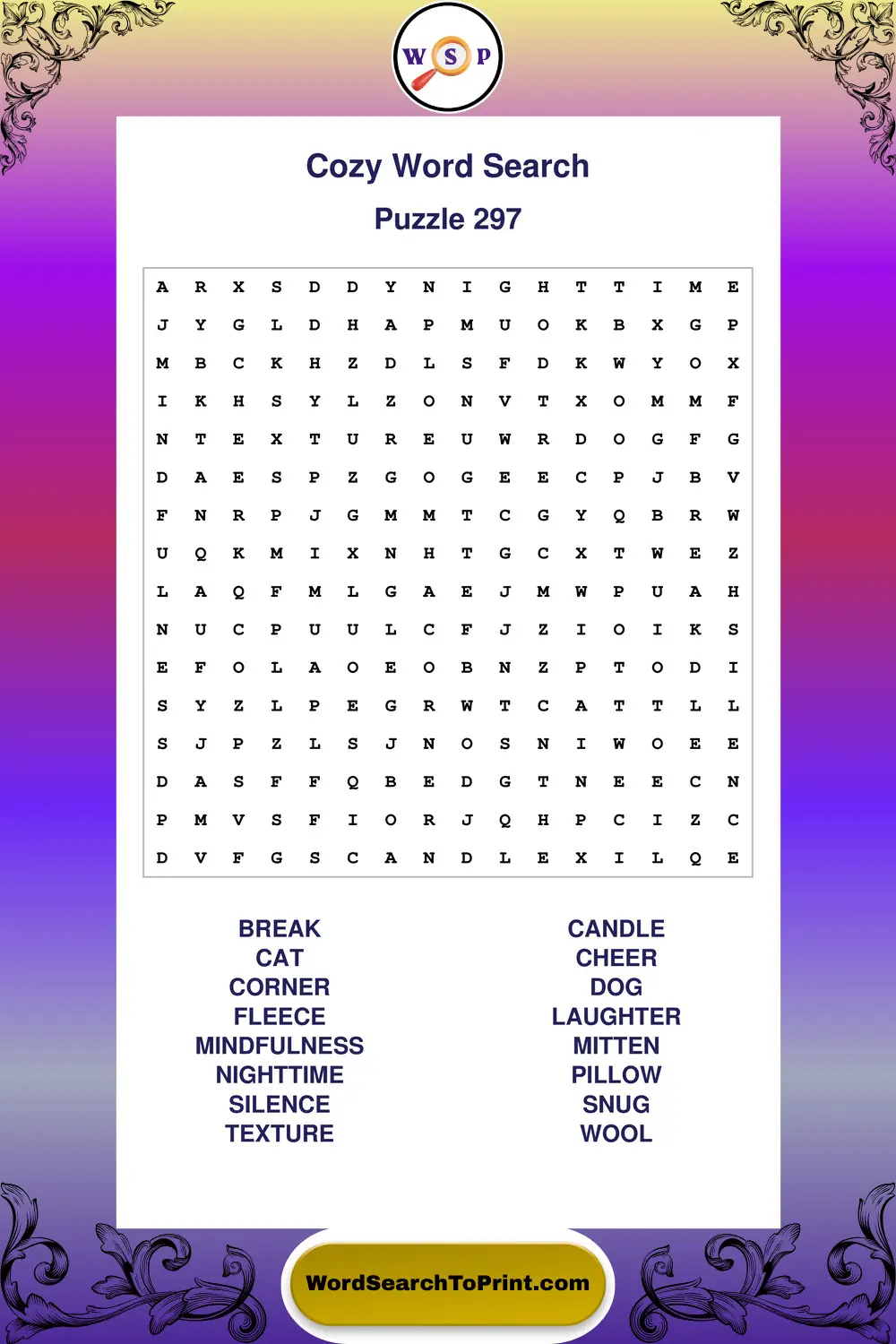 Cozy Word Search Puzzle 297