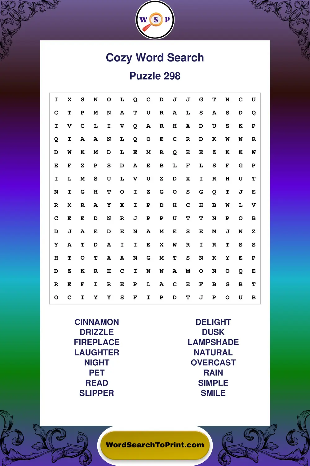 Cozy Word Search Puzzle 298