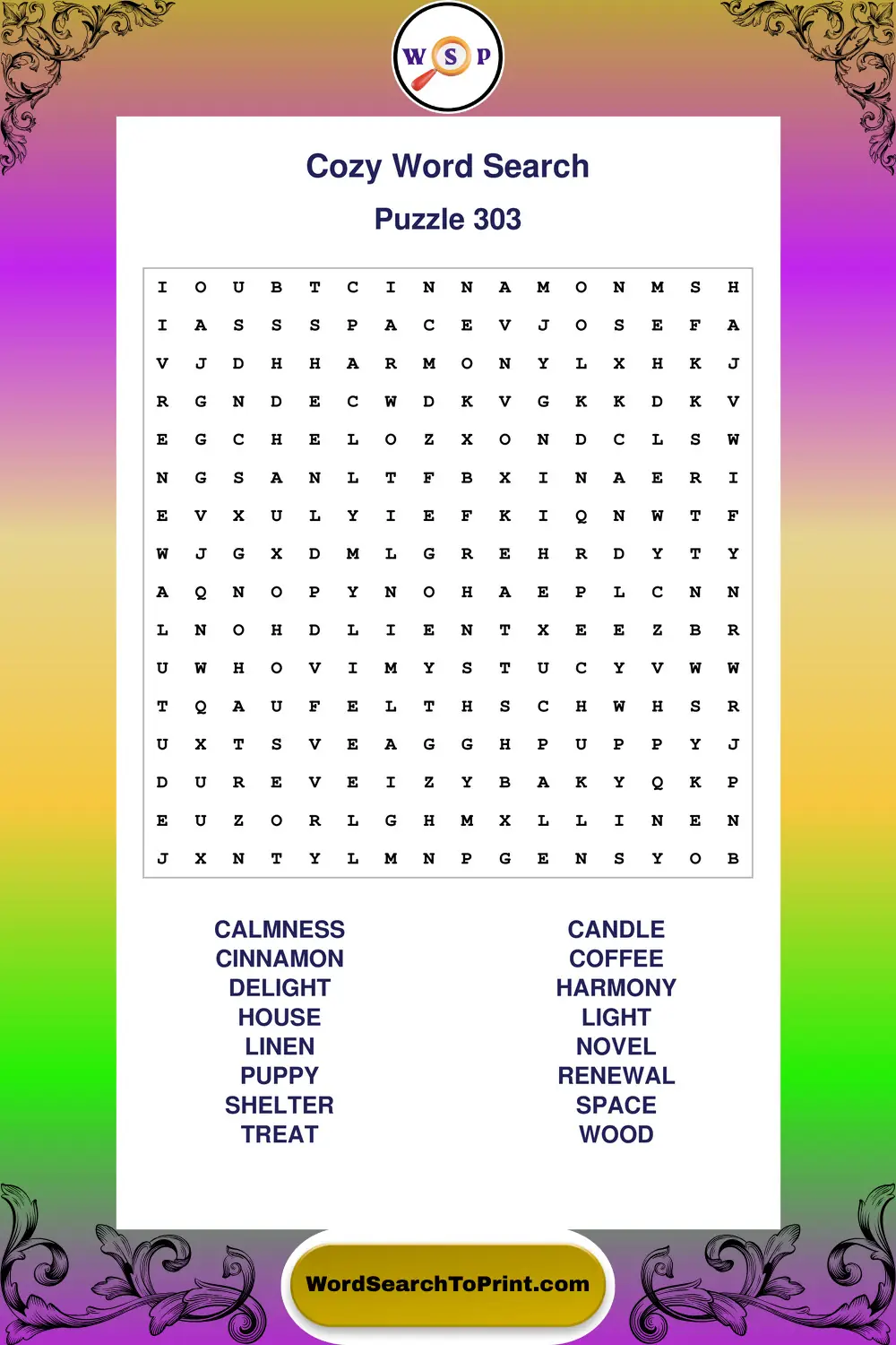 Cozy Word Search Puzzle 303