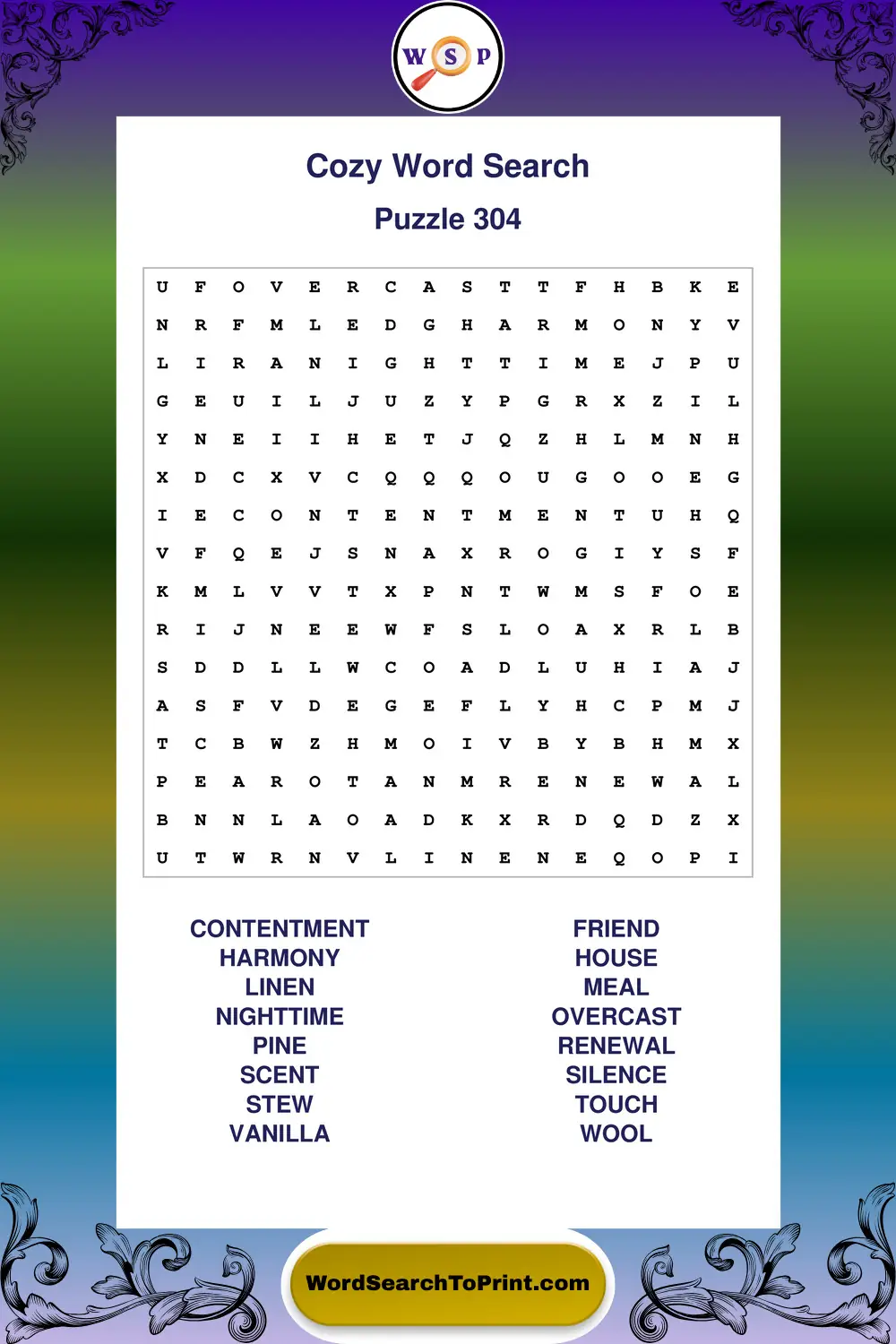 Cozy Word Search Puzzle 304