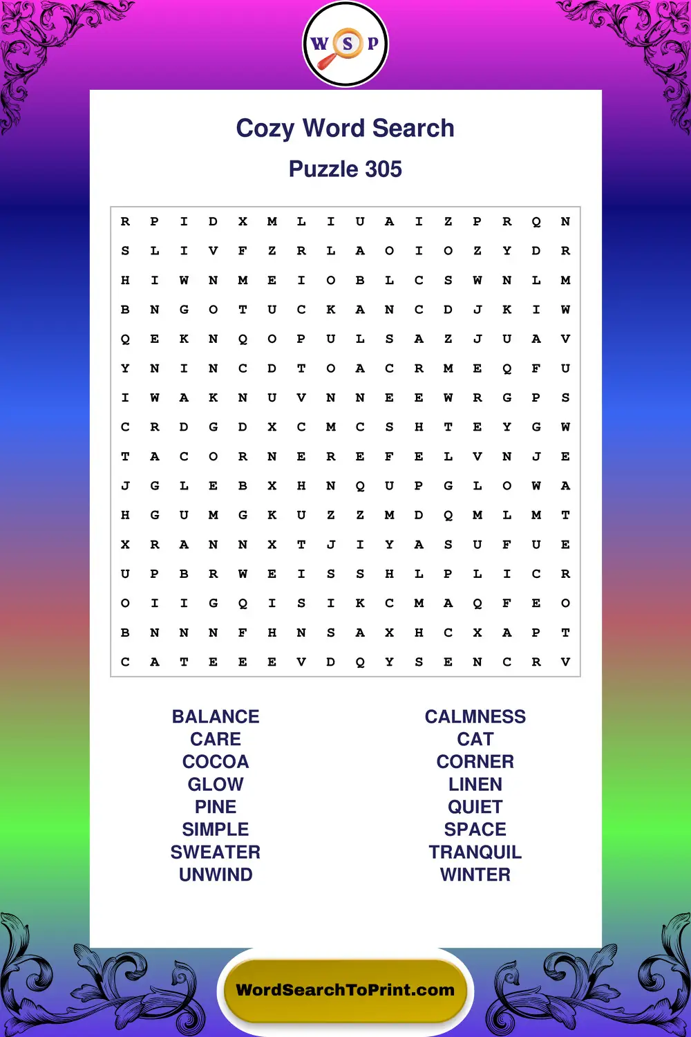 Cozy Word Search Puzzle 305