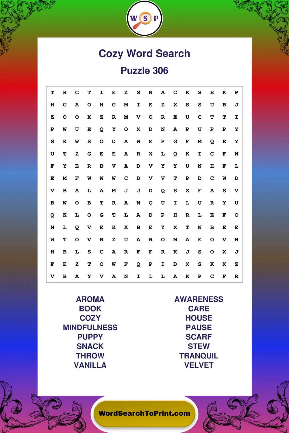 Cozy Word Search Puzzle 306