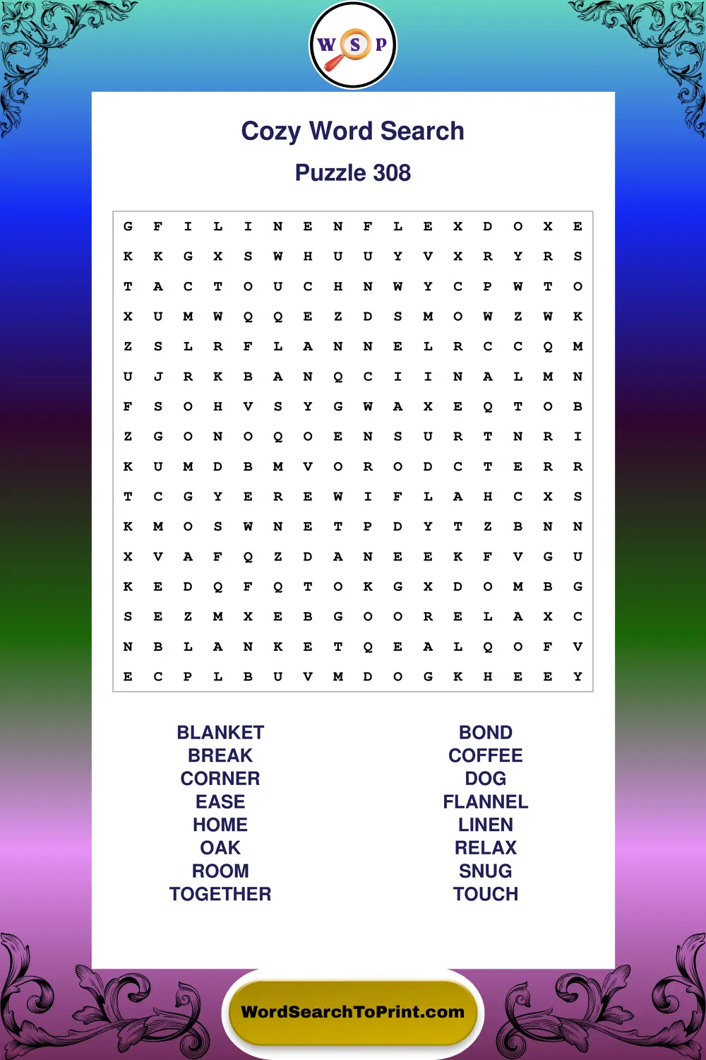 Cozy Word Search Puzzle 308