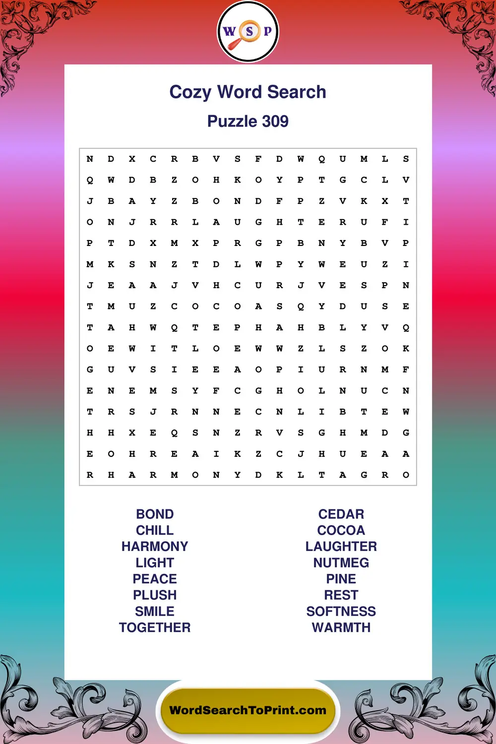 Cozy Word Search Puzzle 309