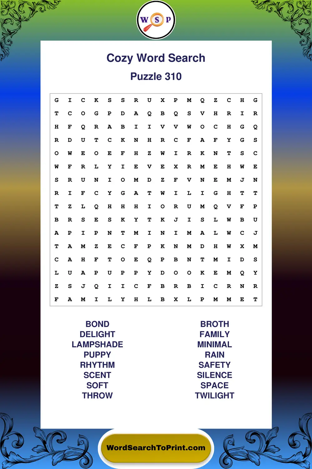 Cozy Word Search Puzzle 310