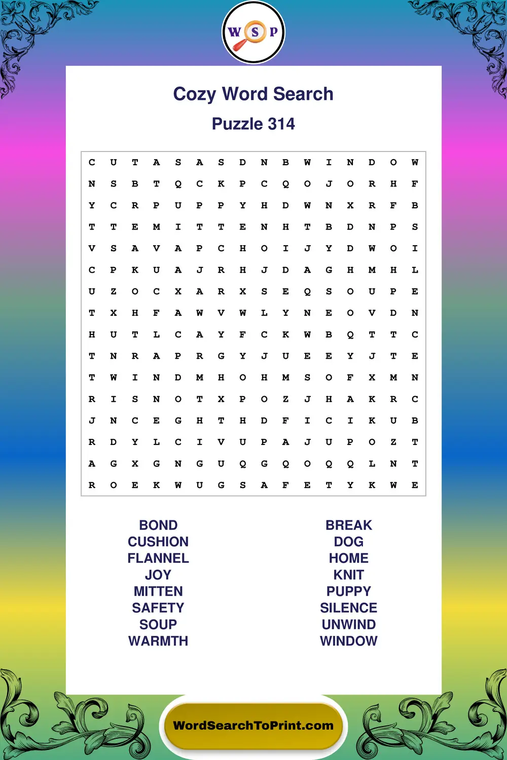 Cozy Word Search Puzzle 314