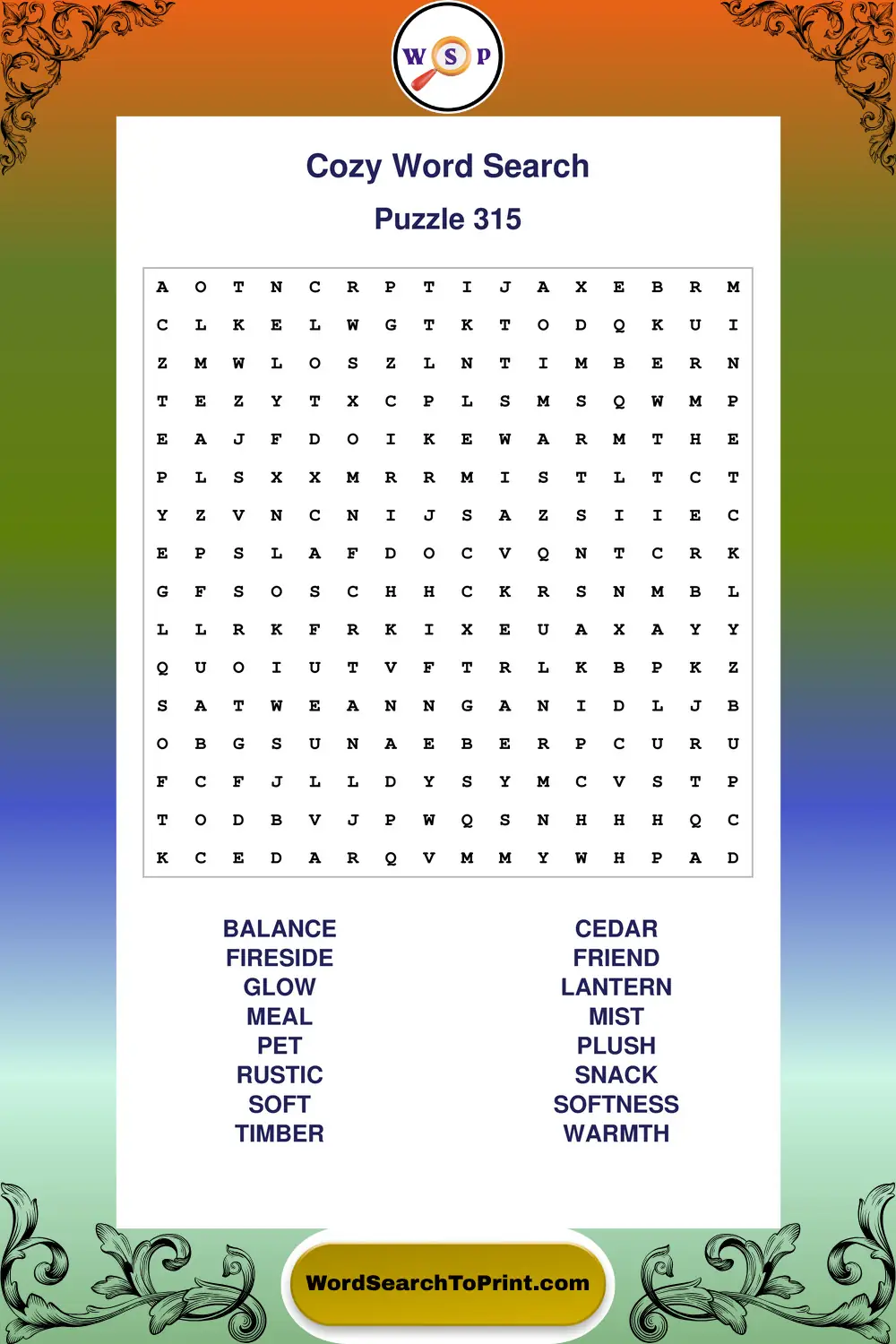 Cozy Word Search Puzzle 315