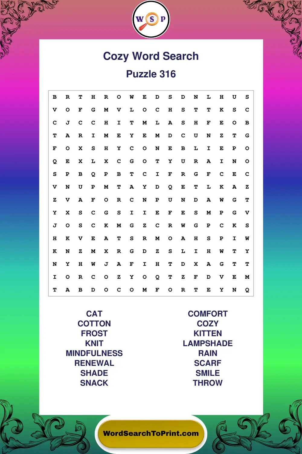 Cozy Word Search Puzzle 316