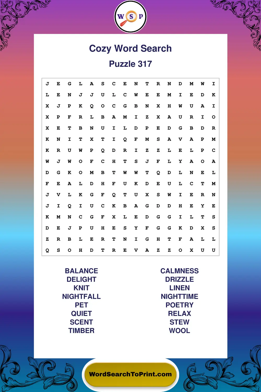 Cozy Word Search Puzzle 317