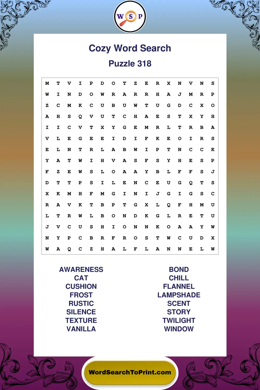 Cozy Word Search Puzzle 318