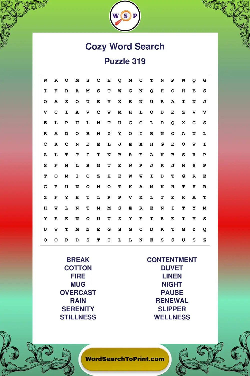 Cozy Word Search Puzzle 319