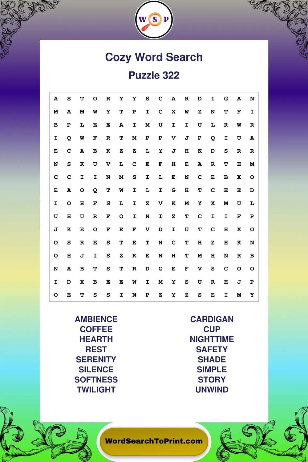 Cozy Word Search Puzzle 322