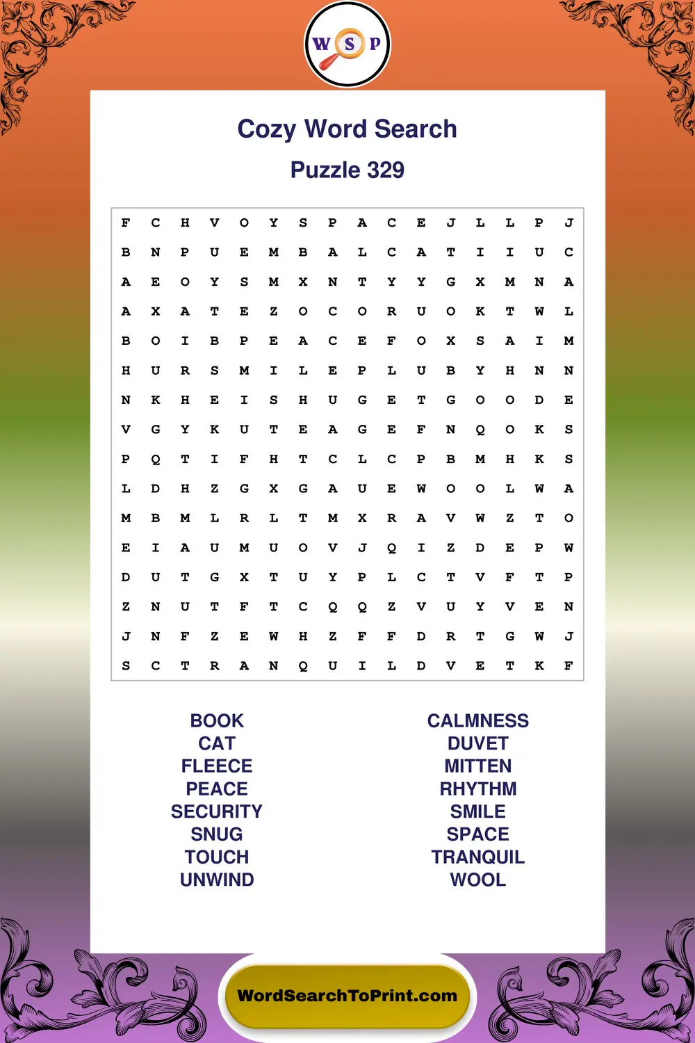 Cozy Word Search Puzzle 329