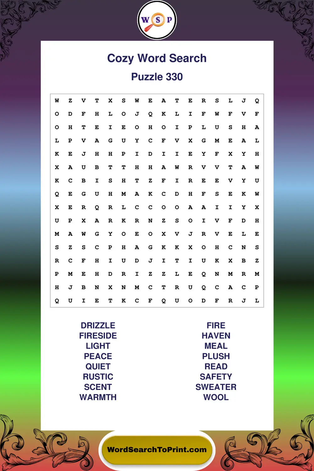 Cozy Word Search Puzzle 330