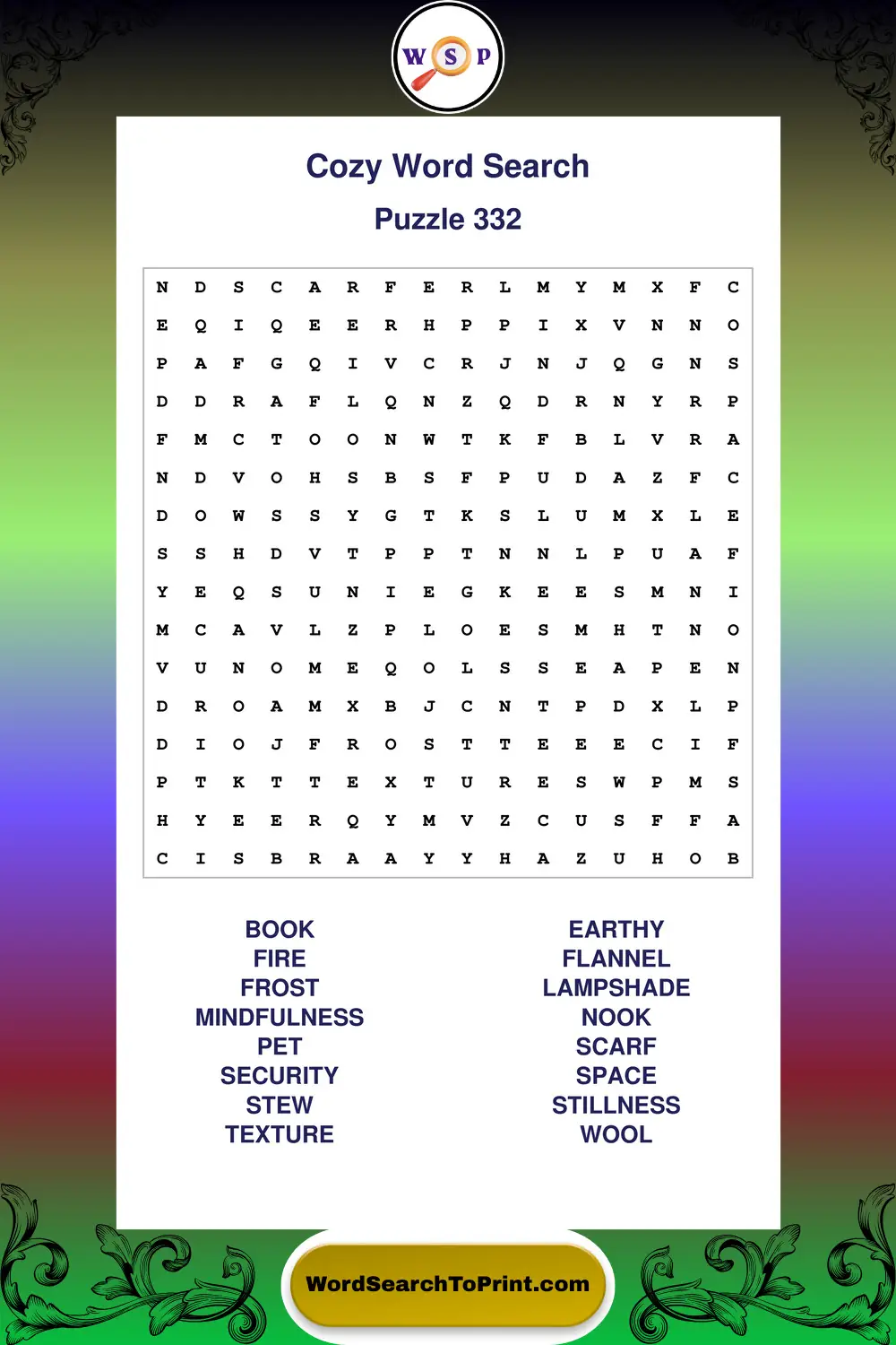 Cozy Word Search Puzzle 332