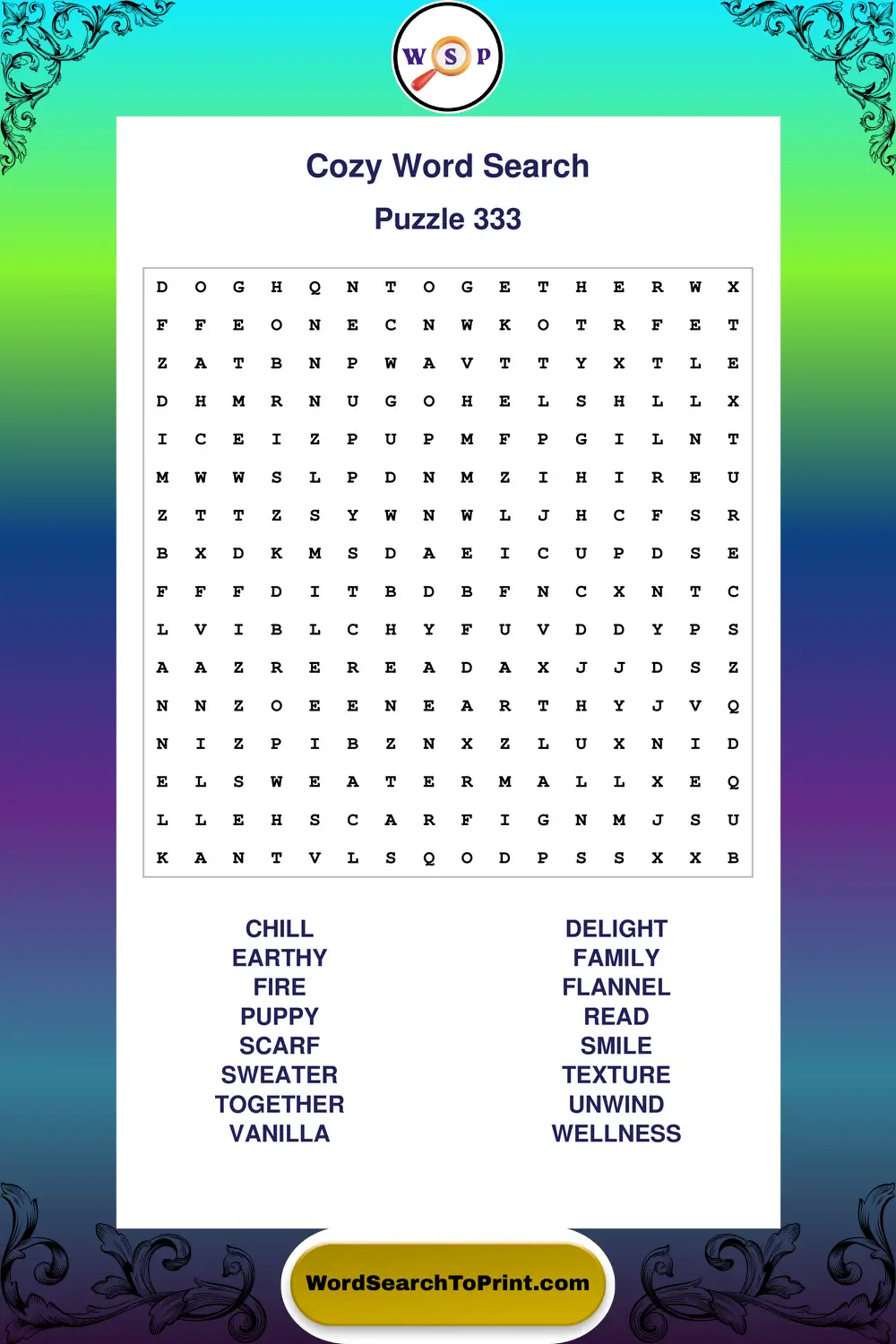 Cozy Word Search Puzzle 333