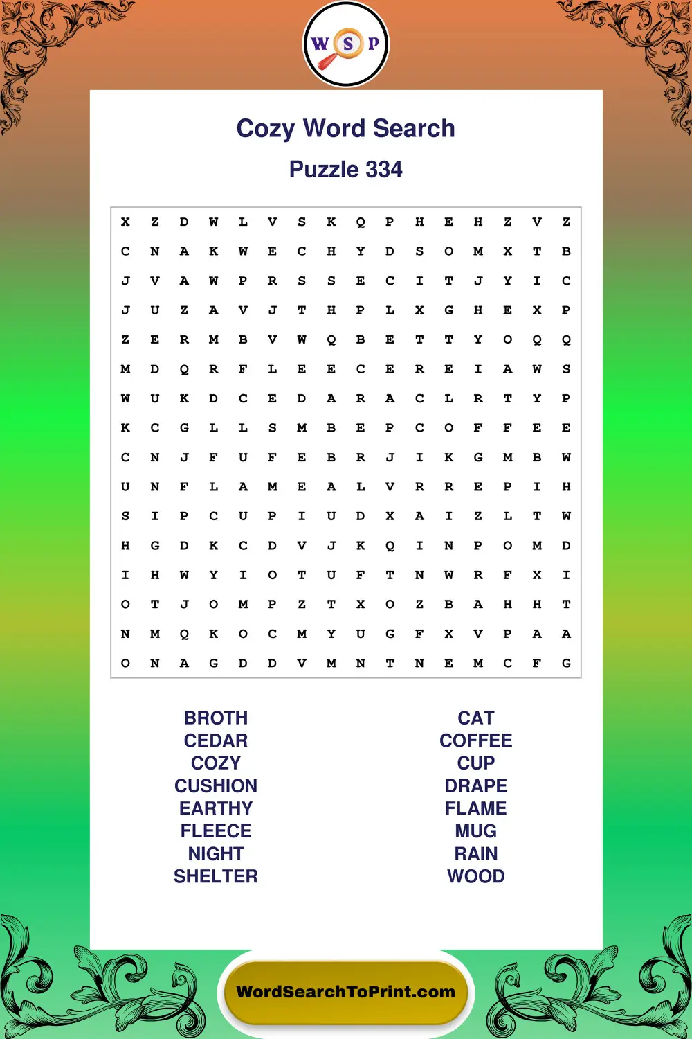 Cozy Word Search Puzzle 334